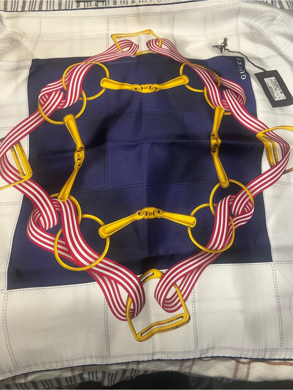 Gucci Navy, White, Gold and Red Silk Scarf